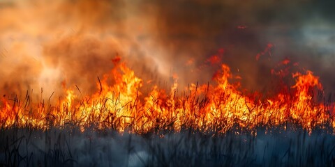 Raging Wildfire with Intense Flames and Billowing Smoke in Vast Field. Concept Natural Disasters, Wildfires, Emergency Response, Climate Change, Fire Prevention