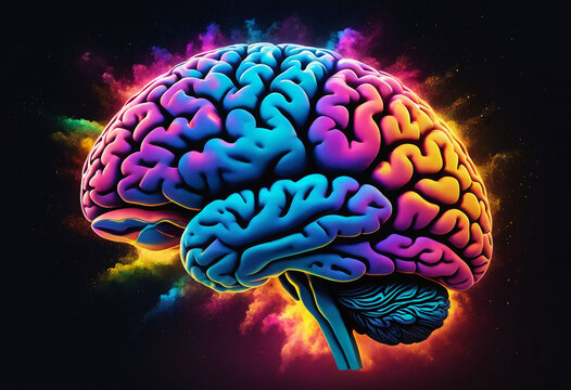 A colorful human brain with exploding color dust against a dark background. Brilliant ideas concept