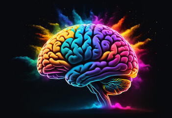 Obraz premium A colorful human brain with exploding color dust against a dark background. Brilliant ideas concept