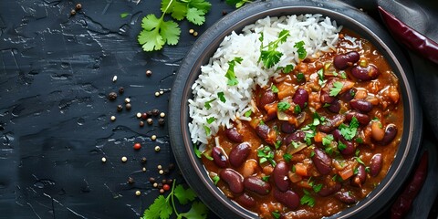 Satisfying North Indian Dish Red Kidney Beans in Flavorful Gravy with Rice. Concept Indian Cuisine, Vegetarian Recipes, Curries, Rice Dishes, Food Photography