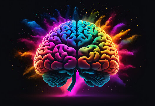 A colorful human brain with exploding color dust against a dark background. Brilliant ideas concept