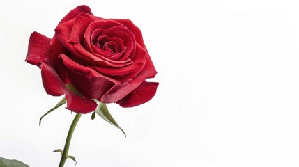 A stunning bright red rose stands alone against a pure white background