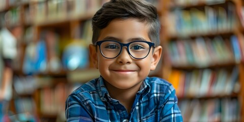 A cheerful student in glasses studying at a diverse school library. Concept Cheerful Student, Glasses, Studying, Diverse School Library, Education