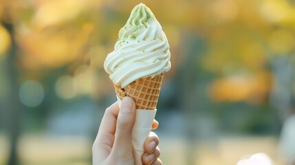 Hand holding a green matcha soft serve ice cream in a waffle cone with a blurred autumn background, capturing the essence of fall.