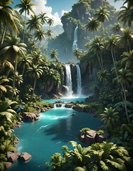 Gorgeous tropical island featuring palm palms, a waterfall, and crystal-clear blue water.