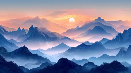 A serene background of majestic mountain ranges with misty peaks and a soft, sunrise glow