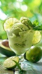 Refreshing Avocado and Lime Sorbet in a Chilled Glass Cup Garnished with Mint and Lime Slice