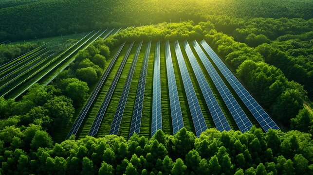 Aerial view of solar panels in a lush green forest during sunrise, showcasing sustainable energy and renewable power generation.