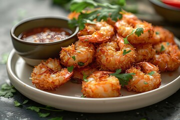 Fototapeta premium Deliciously fried coconut shrimp served on a white ceramic plate with a side of sweet chili dipping sauce and a garnish of fresh cilantro