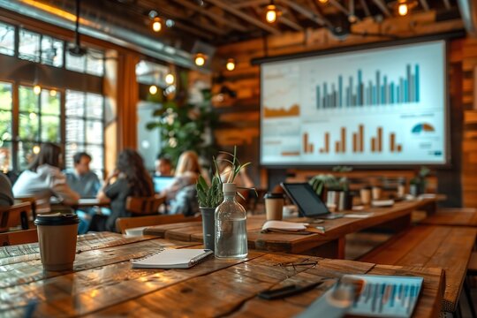 A group of people gather in a modern cafe with exposed wood beams and large windows, discussing business as a data projection illuminates the wall