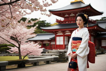 Japanese Woman in Traditional Kimono under Cherry Blossom Trees Photography