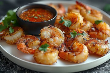 Fototapeta premium Deliciously fried coconut shrimp served on a white ceramic plate with a side of sweet chili dipping sauce and a garnish of fresh cilantro