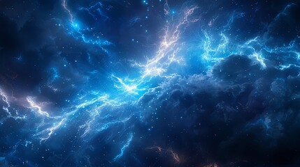 A striking background of electric blue pulses and sparks against a dark, stormy sky