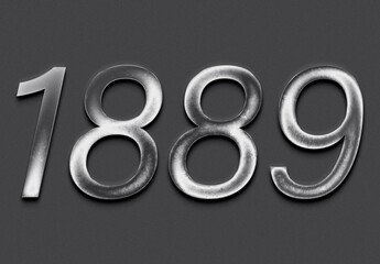 Chrome metal 3D number design of 1889 on grey background.