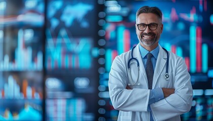 Fototapeta premium Professional doctor in white coat and glasses stands confidently with arms crossed in a high-tech data monitoring room