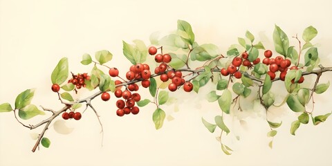 Fototapeta premium Architectural Style Watercolor Painting of Mistletoe Plants and Berries. Concept Architectural Style, Watercolor Painting, Mistletoe Plants, Berries