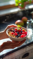 Healthy Breakfast Bowl with Berries and Granola in Sunlit Kitchen for Balanced Diet and Skin Health