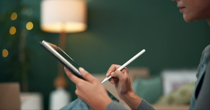 Woman, hands and tablet with pen on sofa for sketch, creative vision for college assignment. Female student, relax or home with mobile tech for drawing, design process for online course at university