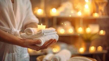 Obraz premium Soothing Spa Atmosphere with Soft Candlelight and Rolled Towels for Relaxation and Wellness