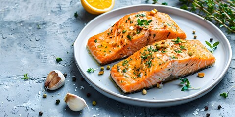 Delicious Baked Salmon with Garlic and Herbs Served on a White Plate. Concept Salmon recipes, Baked fish dishes, Seafood meals, Cooking with herbs, Garlic flavoring