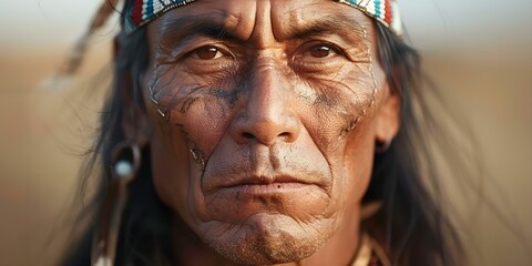 Portrait of Apache shaman during Columbus's arrival in America. Concept Indigenous culture, History of America, Tribal customs, Shamanic practices, Cultural preservation