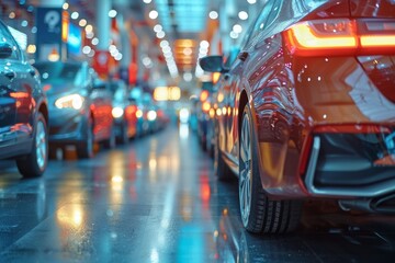 Rear View of New Car on Showroom Floor With Other Cars in Background