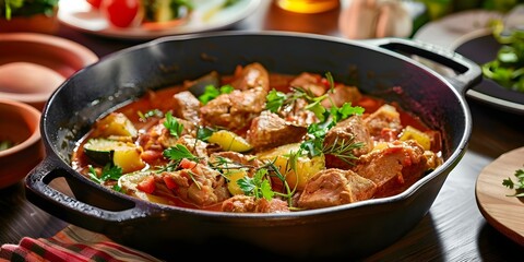 Brazilian Moqueca in a Modern Cast Iron Roasting Dish. Concept Brazilian Cuisine, Traditional Dishes, Modern Presentation, Cast Iron Cookware