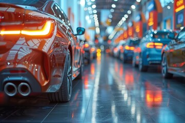 Rear View of New Car on Showroom Floor With Other Cars in Background