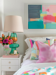 Pastel abstract art work style bedroom interior design with bed, bedside table, multi color green orange lamp and flowers. Bed linen and décor. Bright decor and white walls. Home design trend