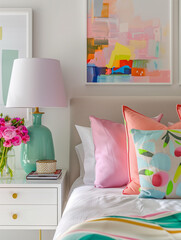 Pastel bedroom interior design with bed, bedside table, mint ceramic lamp, art work and flowers. Bed linen and décor. White walls. Home decor. Nobody 