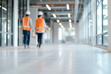 Two construction workers in orange vests and helmets walking in a modern building corridor under construction with glass panels.