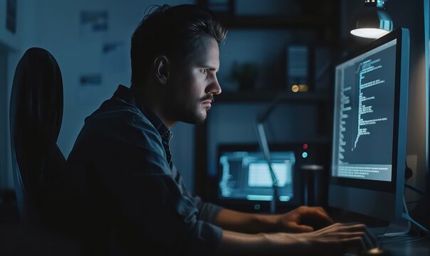 Software developer and a man at computer for coding script or cyber security in office