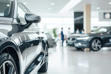 Modern car dealership showroom with luxury vehicles on display, showcasing sleek design and polished surfaces in a bright, spacious environment.