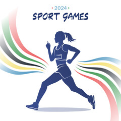 Template of poster for the 2024 sport games championship in Paris featuring a silhouette of athletic woman running fast at running competition with Olympic colors stripes or colorful wavy rainbow