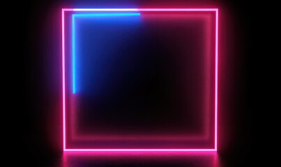 Square rectangle picture frame with two tone neon color motion graphic on isolated black background. 3D illustration rendering. Empty copy space