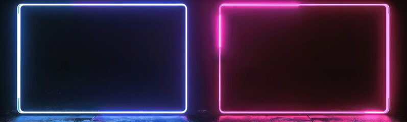 Square rectangle picture frame with two tone neon color motion graphic on isolated black background. 3D illustration rendering. Empty copy space