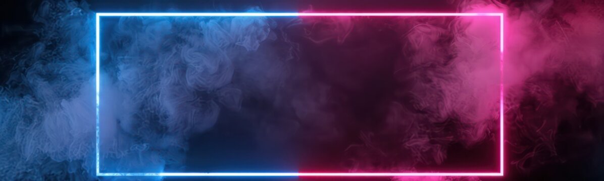 Square rectangle picture frame with two tone neon color motion graphic on isolated black background. 3D illustration rendering. Empty copy space