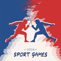 Template of covers or posters with hand drawn silhouette of two Olympic fencers engaged in a sword fight against the France flag background, representing 2024 sport games championship event in Paris