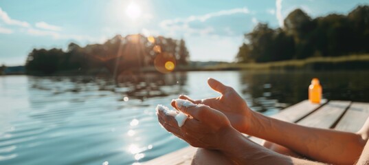 Sunny Lake Dock Relaxation with Sunscreen Application for Summer Vacation, Design for Print, Card, Poster