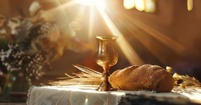 Fresh bread and golden chalice on an altar, gently bathed in sunlight, symbolizing unity and communion