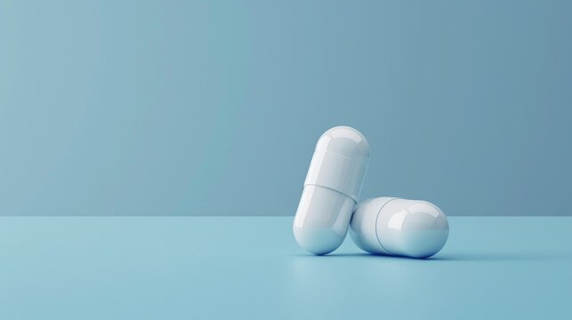 Two white supplement capsules on blue background with empty space