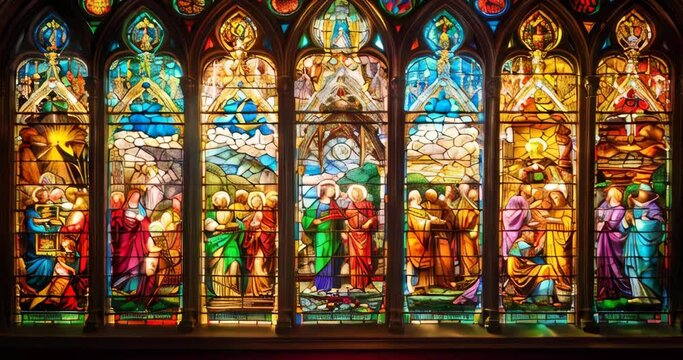 Colorful stained glass window vividly depicting biblical scenes in intricate detail and vibrant colors