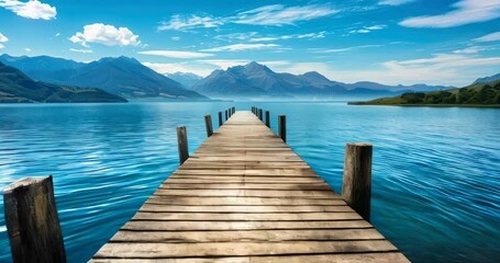 Wooden pier over calm lake with distant mountains, embodying peace and serene vacation escape. Summer vacation, tourism