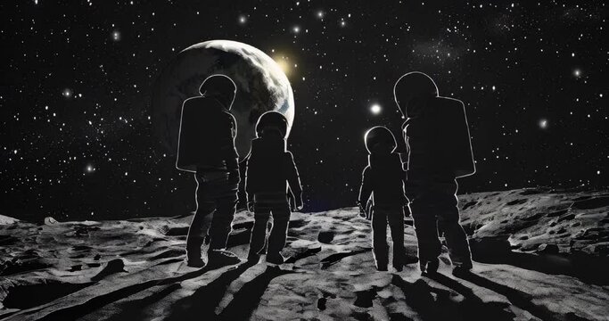 Astronaut family on the moon gazing at Earth, envisioning future colonization and hopeful exploration. Moon landing