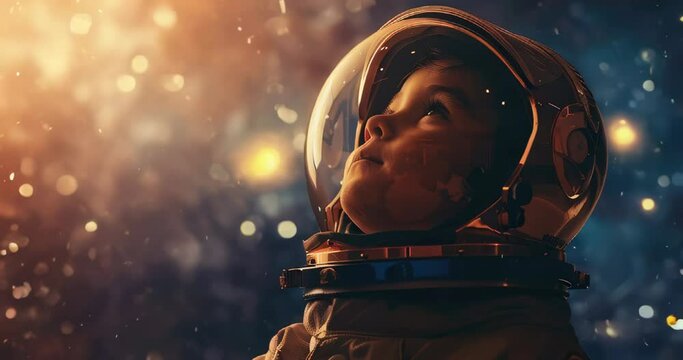 Child with astronaut helmet, stargazing to symbolize themes of education, dreams, and aspiring for more