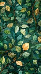 A tranquil background of overlapping leaves and branches in a harmonious palette of greens and browns