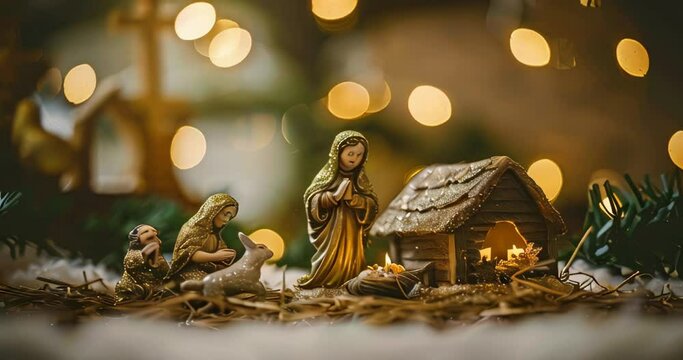 Festive Christmas nativity scene with detailed figurines in a warm home setting