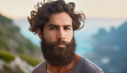 A young adult with a full, dark beard and curly hair, standing against a lightly blurred background. The photo has a soft, dreamy quality to it and the young man has a peaceful expression on his face.