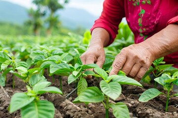 A farmer tending to plants in a garden.
