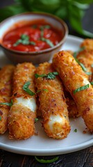 Golden crispy fried mozzarella sticks oozing with melted cheese